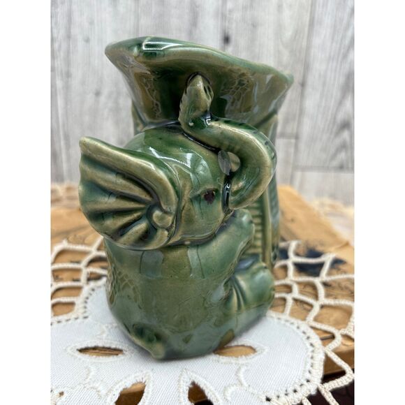 Vintage Lucky Elephant Hugging Plant Green Ceramic Vase - Picture 2 of 6